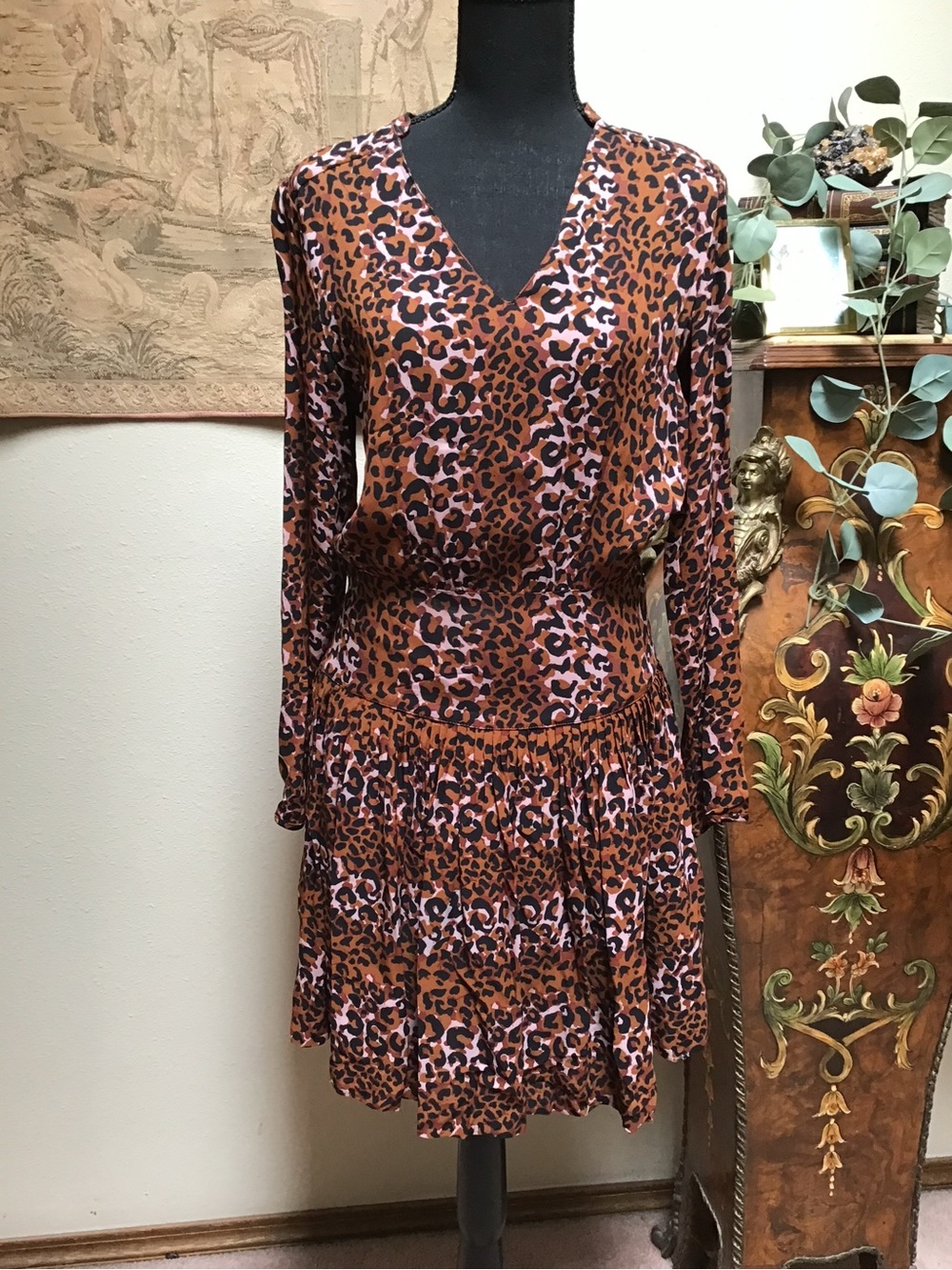 Scotch & Soda Brown and Black Leopard Print V-Neck Long Sleeve Dress